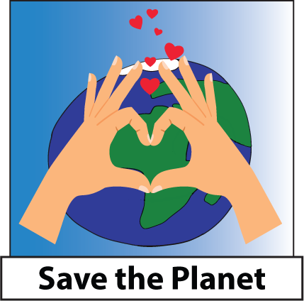 A cartoon drawing of planet earth with a picture of hands in front making a heart shape. There are also some hearts floating up from between the hands.